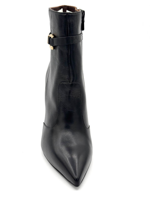 Black Leather with Gold Accent Stiletto Heel Bootie Pandora