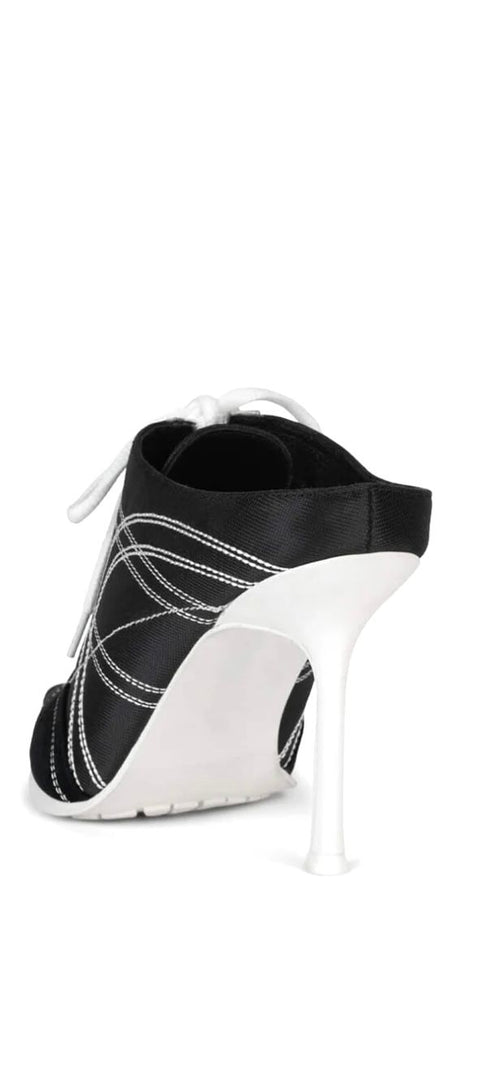 Black & White or Silver White Graphic Stitch Lace-up Pointed Mule Let's Rally