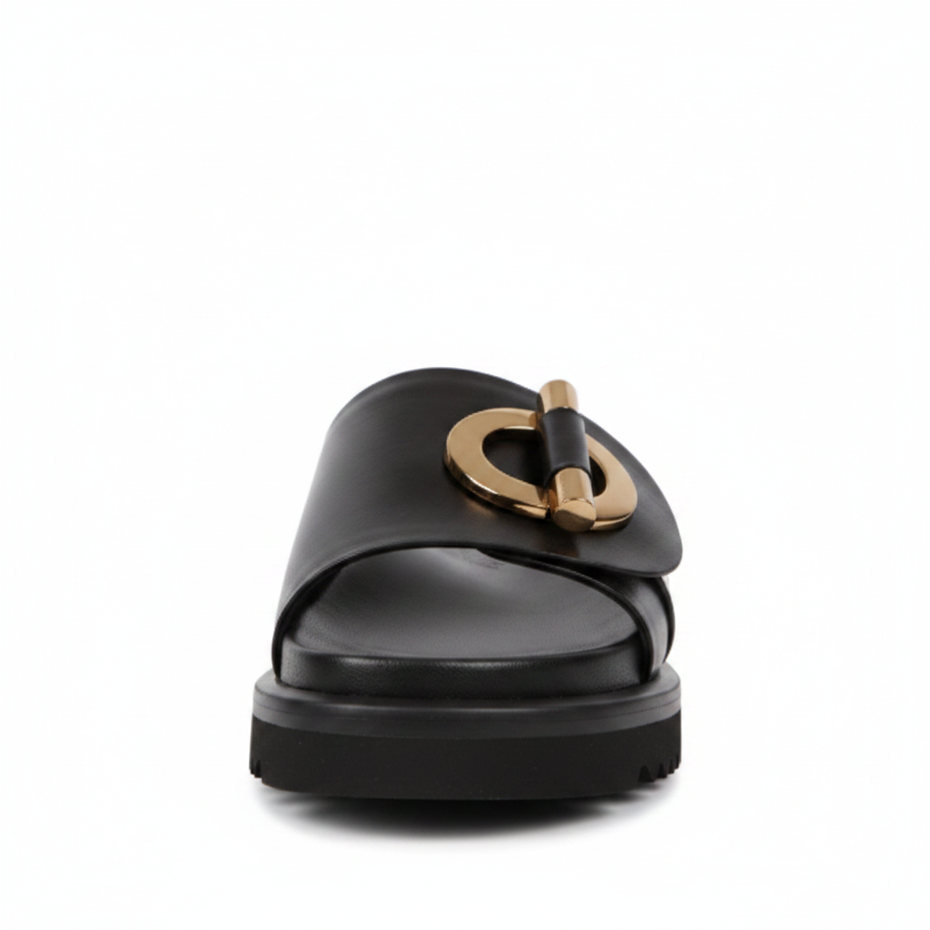 Sierra black leather flat slide sandal front view