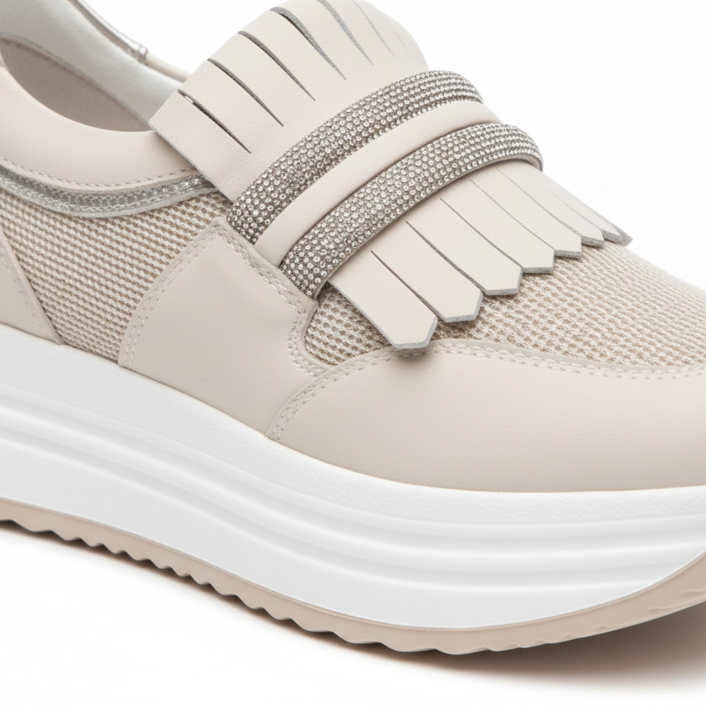Skipper platform sneaker rhinestone strap and fringe detail view